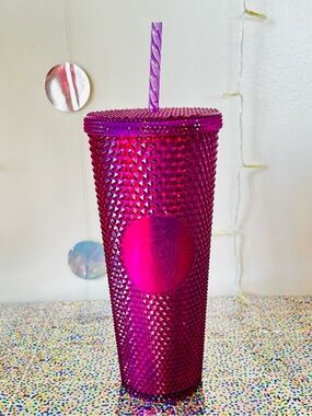 NWT Starbucks Venti Studded Tumbler Fuchsia Iridescent 24oz Iced Coffee Tea Pink